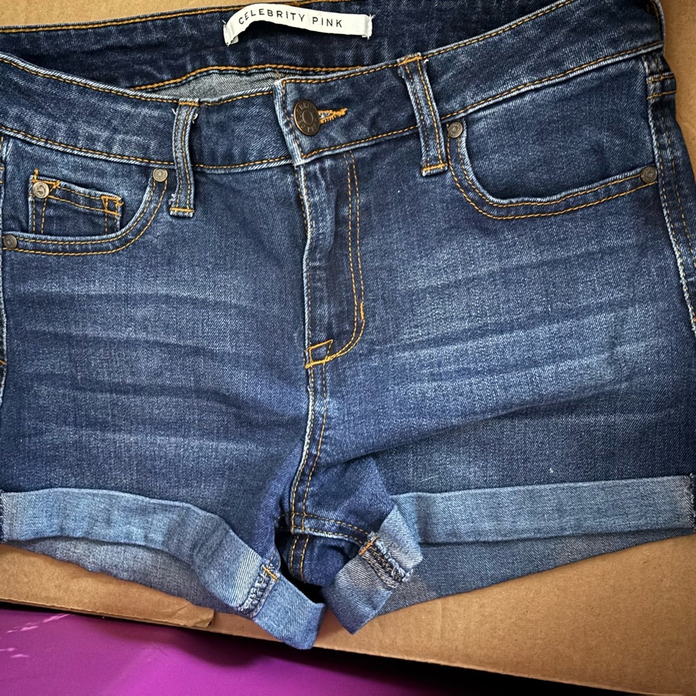 Celebrity Pink Blue Jean Shorts with Distressed Hem